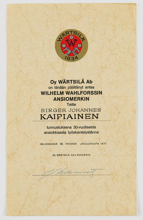 Diplom, Wilhelm Wahlforss, Oy Wärtsilä Ab, daterad 16. december 1971.