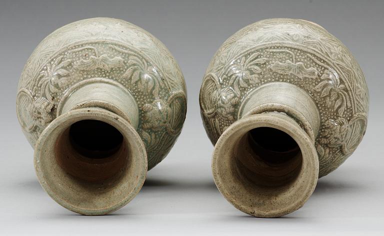 A pair of pale celadon glazed vases, Song/Yuan dynasty.