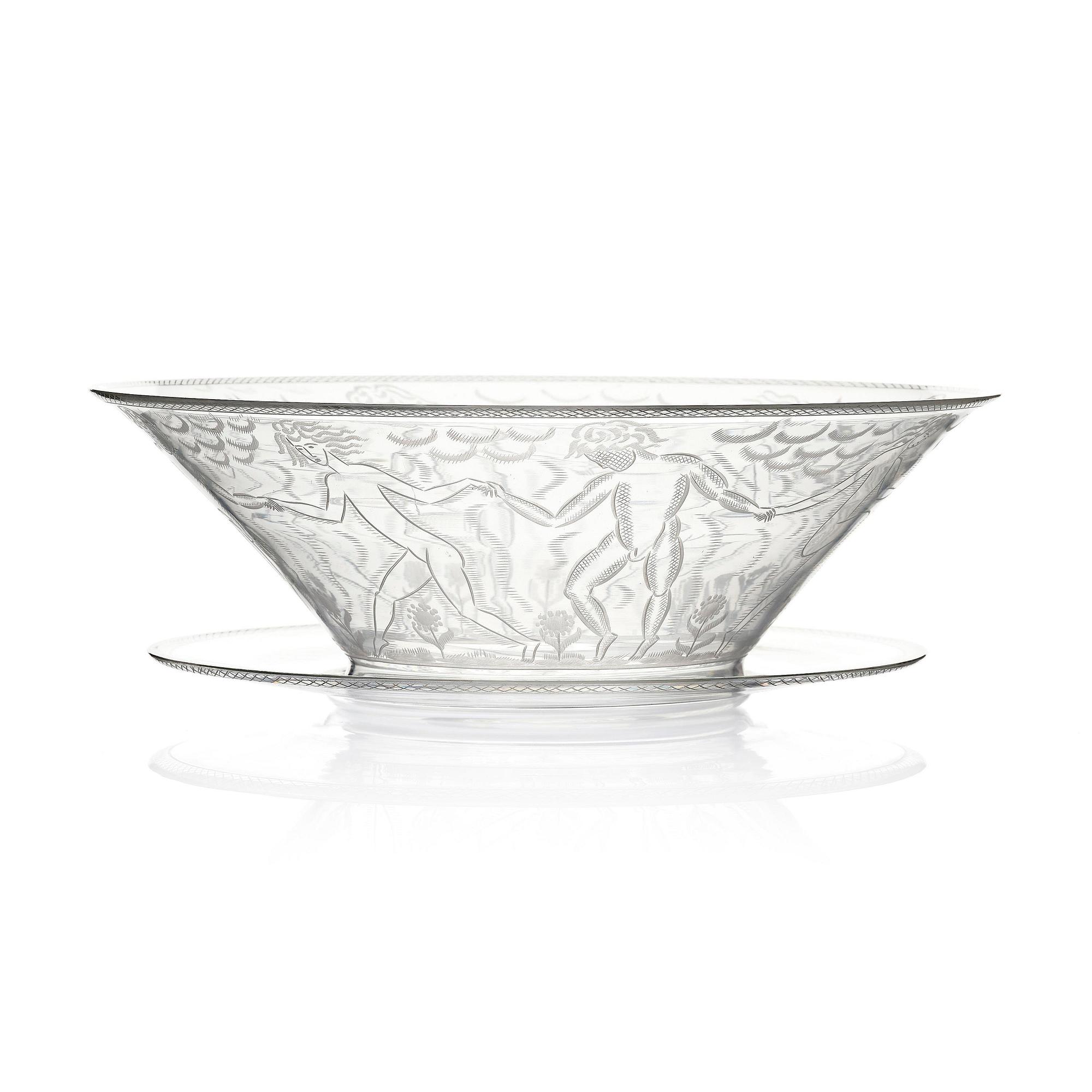 Edward Hald, an engraved glass bowl with plate, Orrefors, Sweden, 1926, model 305, engraved by Emil Goldmann.