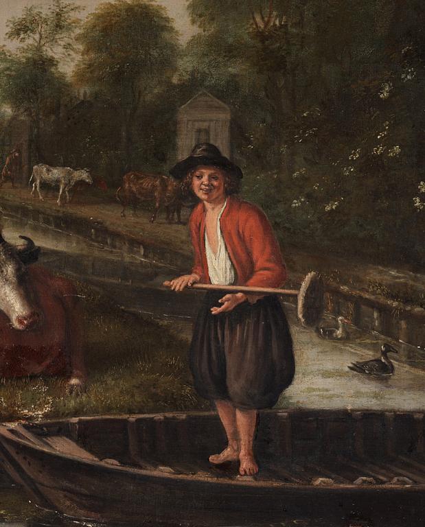 Jan Victors Attributed to, A meadow Landscape with a boy in a punt with cows nearby, a village beyond.