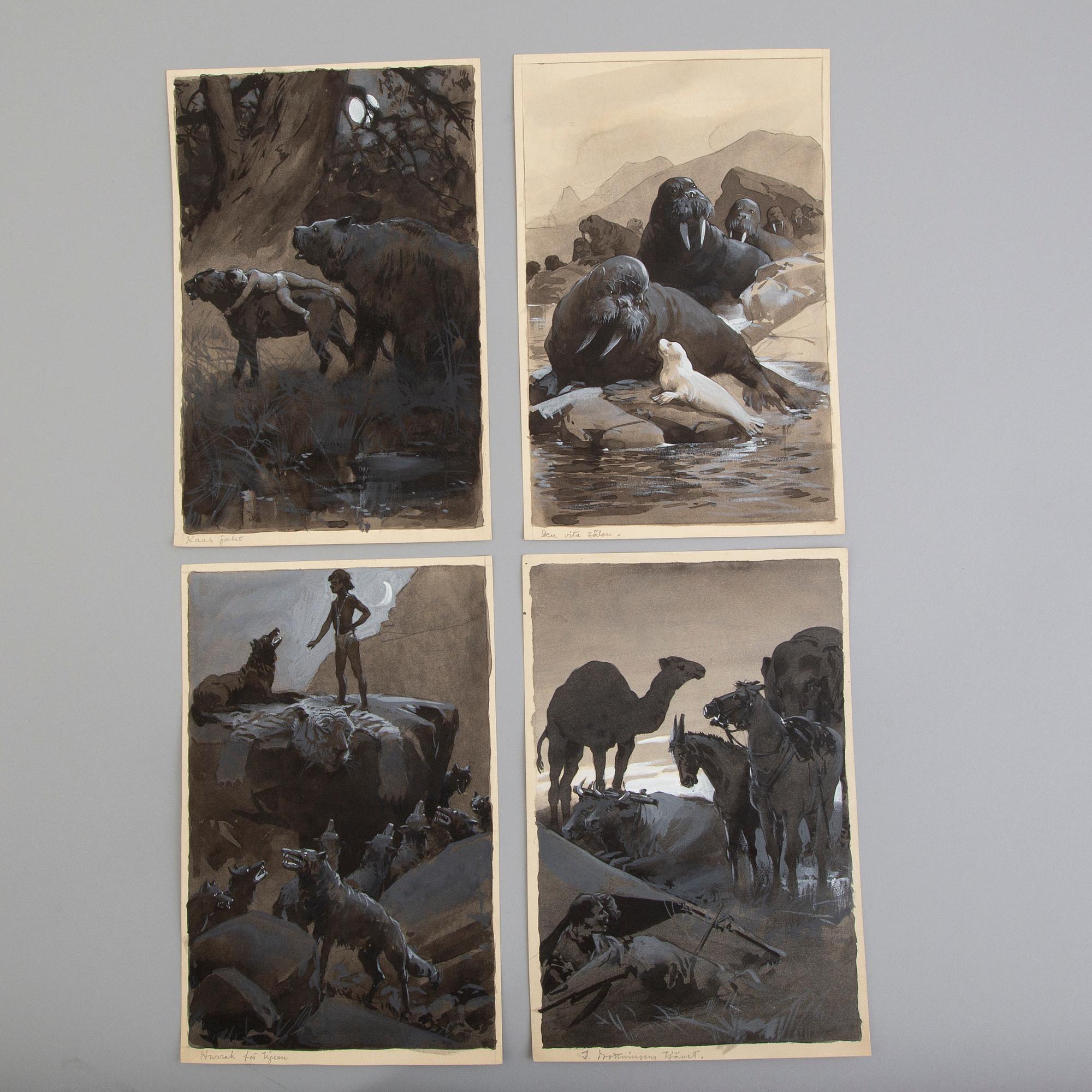 DAVID LJUNGDAHL, eight original ink illustrations from the 1915 edition of 'The Jungle Book' in Swedish.