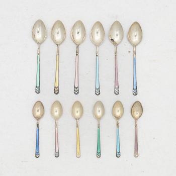 Turner & Simpson Ltd, a set of silver and enamel mocha spoons, Birmingham 1960-1961 (6+6 pcs).