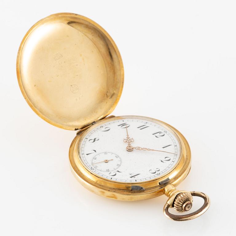 Pocket watch, hunter, 18K gold with chain, 51 mm.