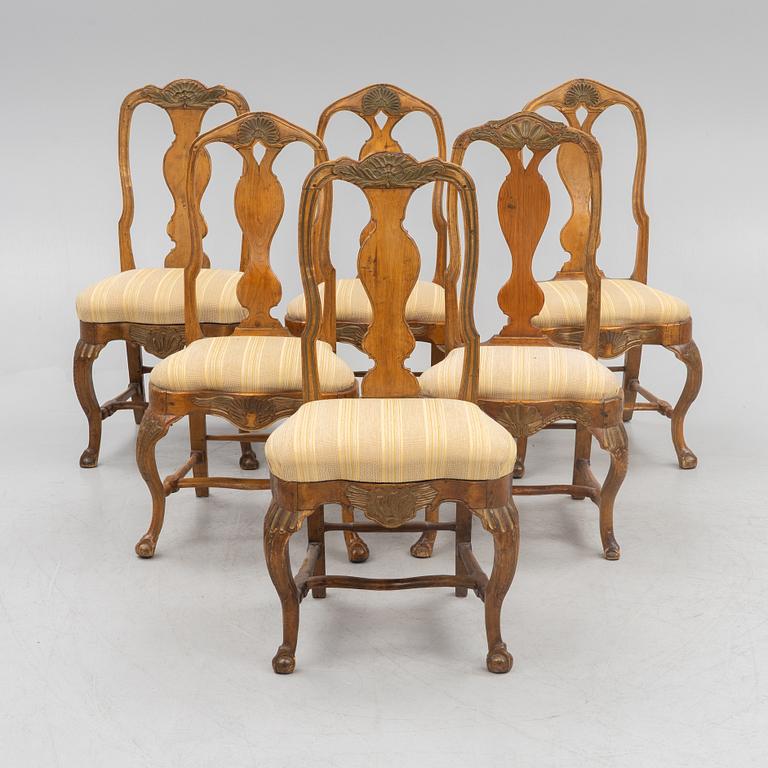 A set of six similar rococo chairs, 18th century.