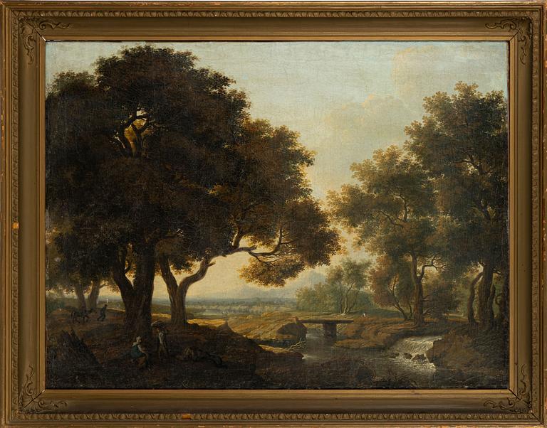 Okänd konstnär, tidigt 1800-tal, Pastoralt landskap med figurer vid bäck.
