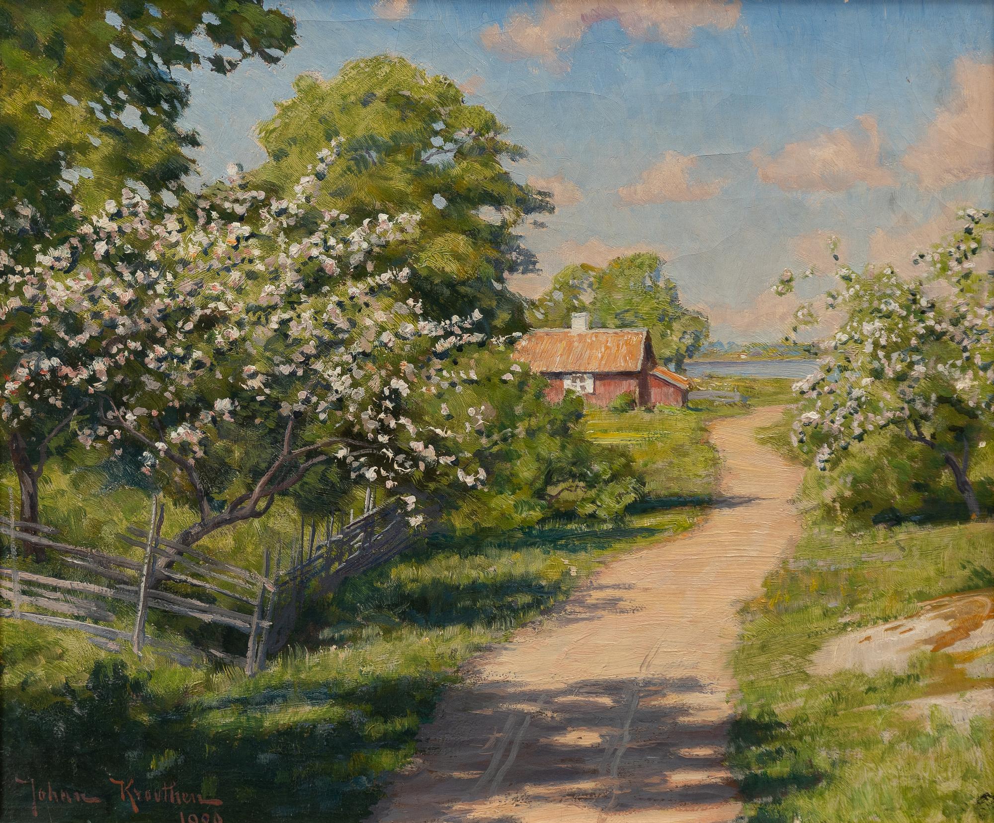 Johan Krouthén, Sunlit gravel road with a red cottage by the lake.