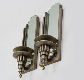 WALL LIGHTS, a pair of 1930's white metal and mirror glass.