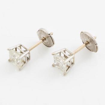 Earrings. a pair, 14K white gold with princess-cut diamonds.