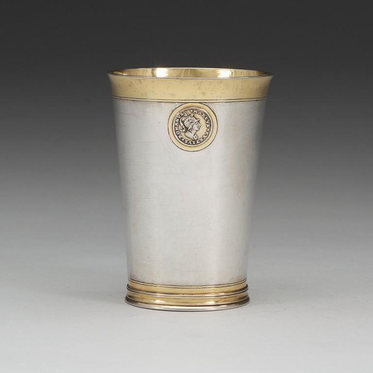A 18th century parcel-gilt beaker and cover, marks of Michael May, Brassó (Kronstadt 1769-1776).