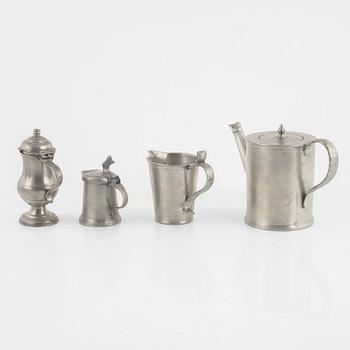 Four pewter items, various masters, 18th - 19th century.