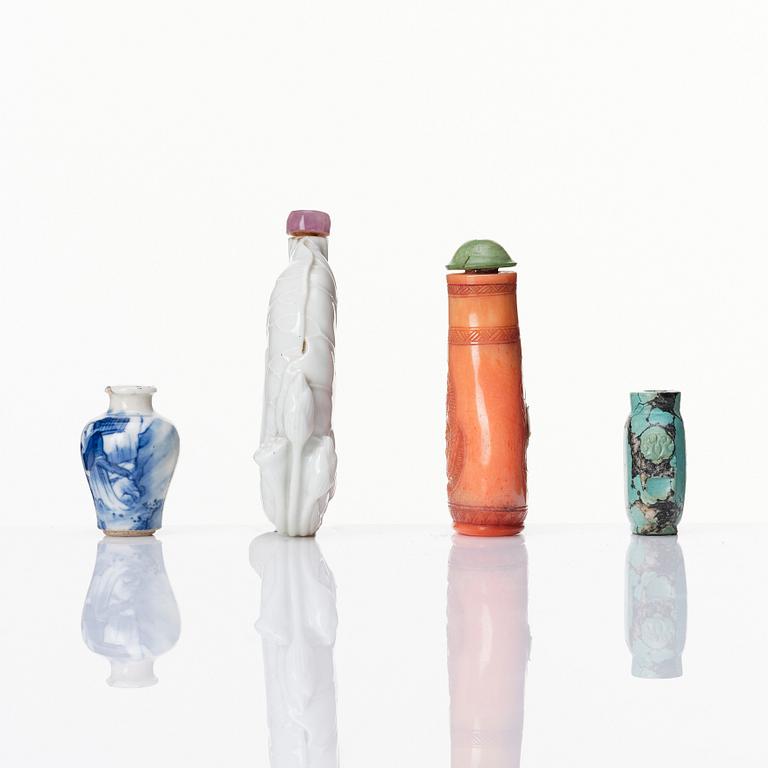 A set of three Chinese snuff bottles and a Chinese miniature vase.