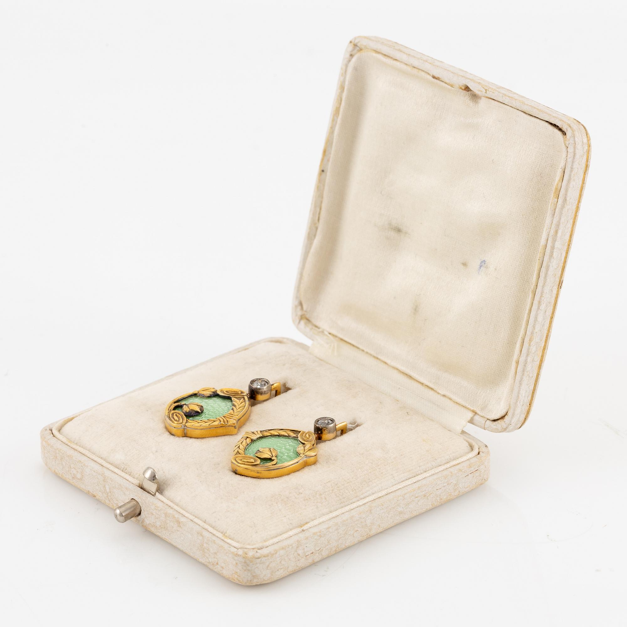 A pair of earrings 14K gold with green enamel and old-cut diamonds, St. Petersburg Russia, 1899-1908.