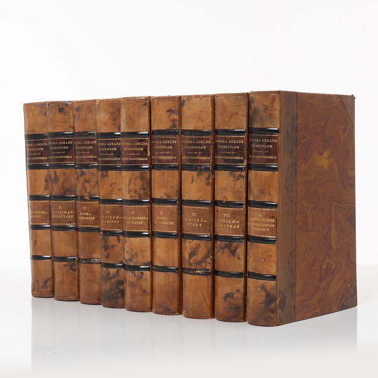 Nine volumes of Gustaf Elgenstierna's 'Den introducerade svenska adelns ättartavlor', 1925-1936.
