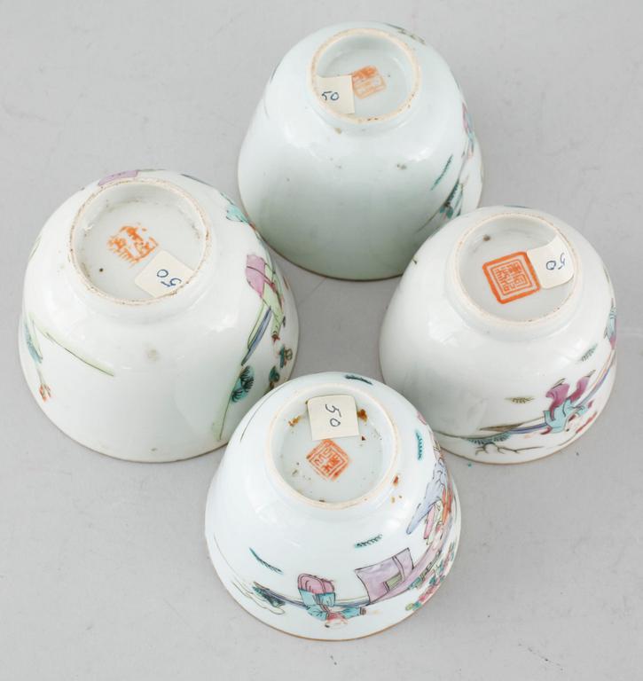 Three polychrome cups with barrels, three cups, one bowl with lid and one plate, Qing dynasty, 18/19th century.