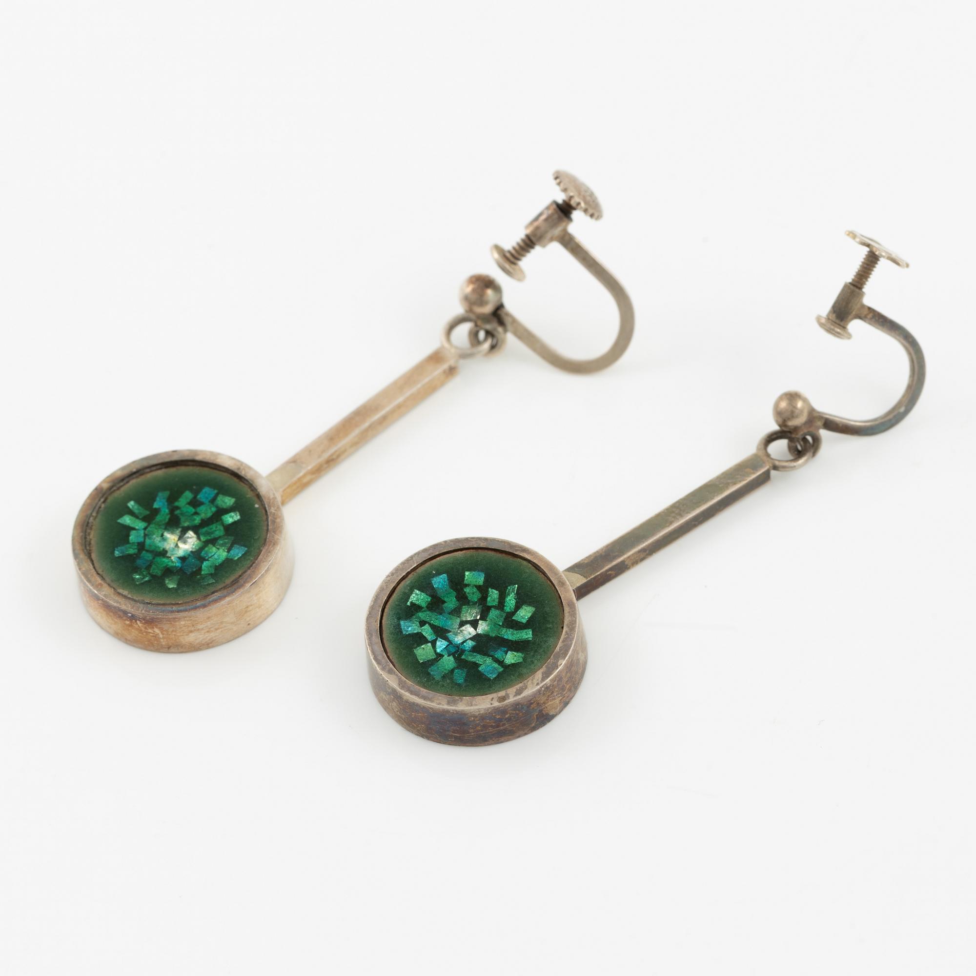Lars Arby, three pairs of earrings, sterling silver and enamel, Gothenburg 1967 and 1969.
