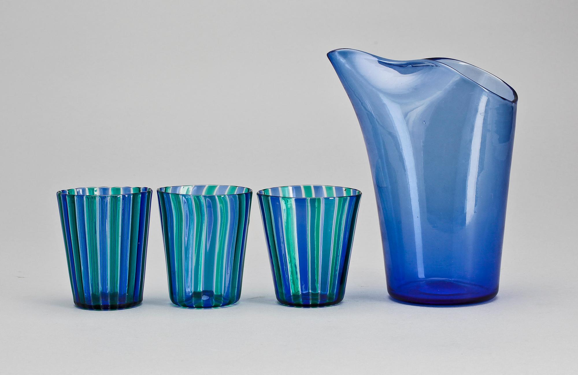 KARAFF SAMT GLAS, 3 st, glas, Venini, Murano, 1900-talets andra hälft.