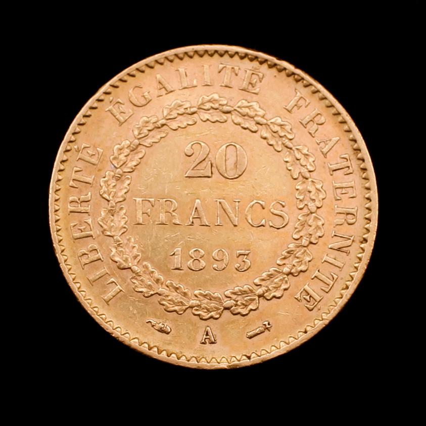 GULDMYNT, 20 francs, Frankrike, 1893. Vikt ca 6 gram.
