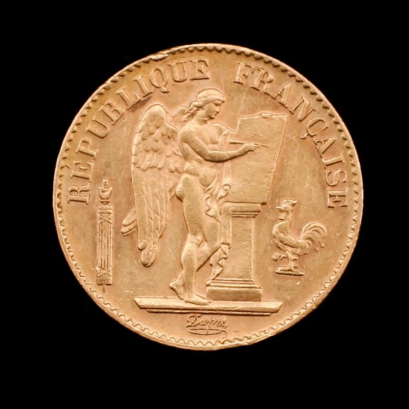 GULDMYNT, 20 francs, Frankrike, 1893. Vikt ca 6 gram.