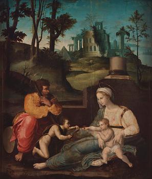 865A. Nicola Filotesio (Cola dell'Amatrice) Circle of, Landscape with The Holy family and John The Baptist.