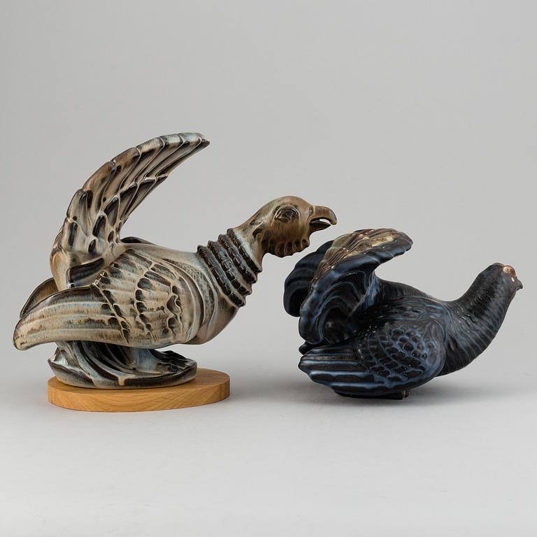 GUNNAR NYLUND, two stoneware sculptures of capercailles, Rörstrand, Sweden.