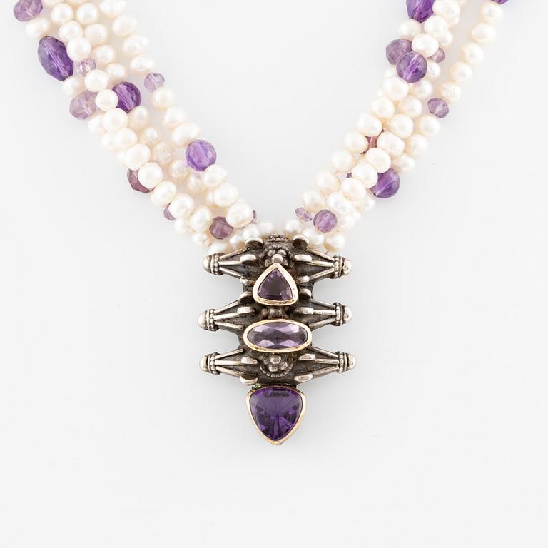 Eileen Coyne, necklace, silver with cultured pearls and amethysts.