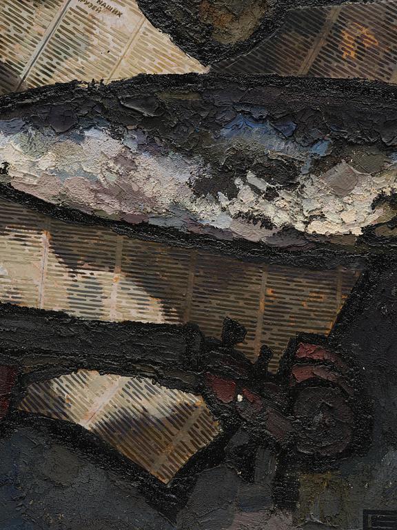 Oskar Rabin, Still life with fish, vodka bottle, banknote and newspaper.