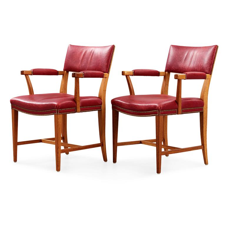 Josef Frank, a pair of mahogany and red leather dining chairs, Svenskt Tenn,