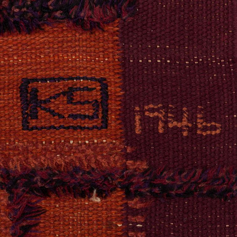 A CARPET, knotted pile in relief and flat weave, ca 306,5 x 205 cm, signed KS 1946, Sweden, probably Scania.