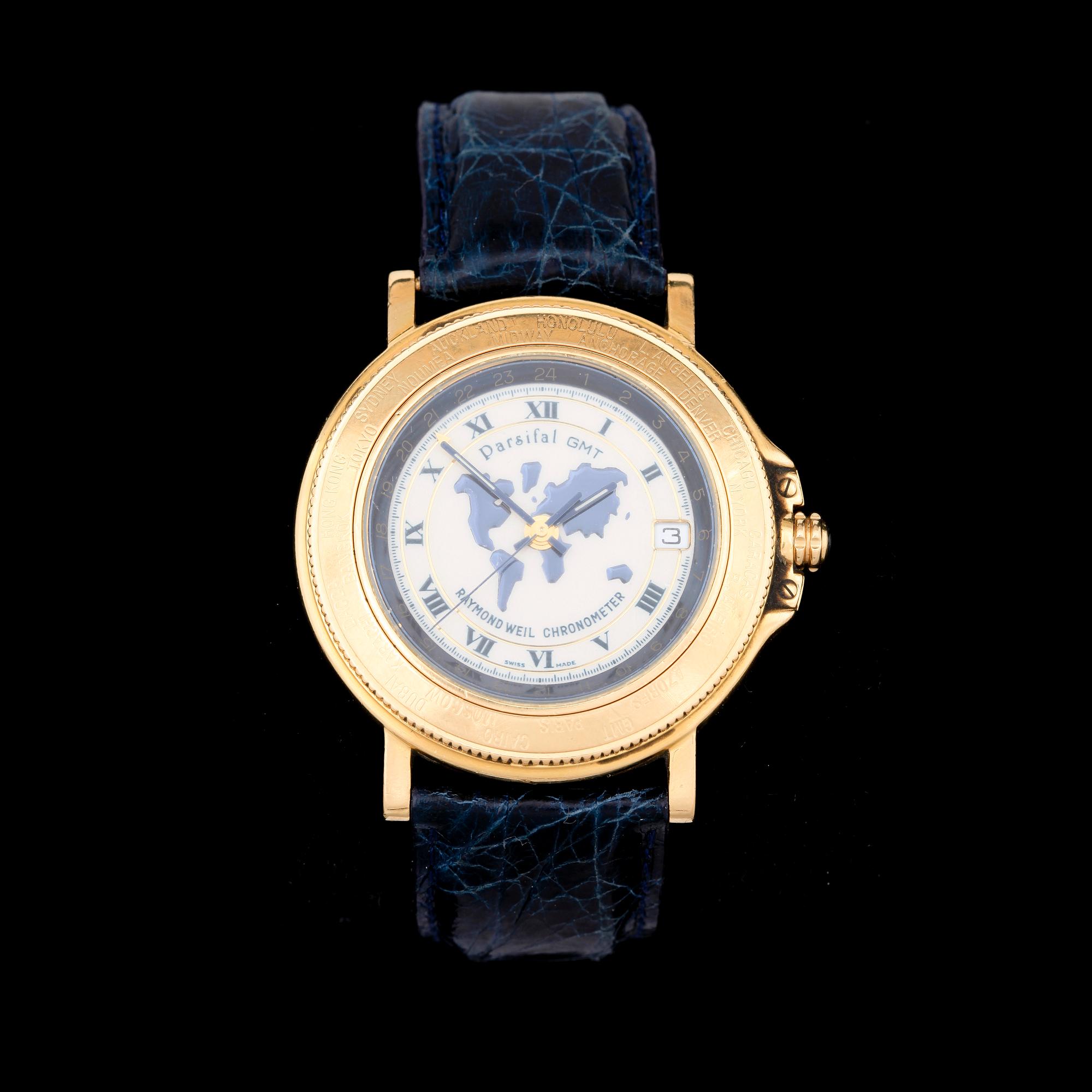ARMBANDSUR Raymond Weil Parsifal Chronometer GMT Limited edition nr 304 999 18k 1996. Bukowskis