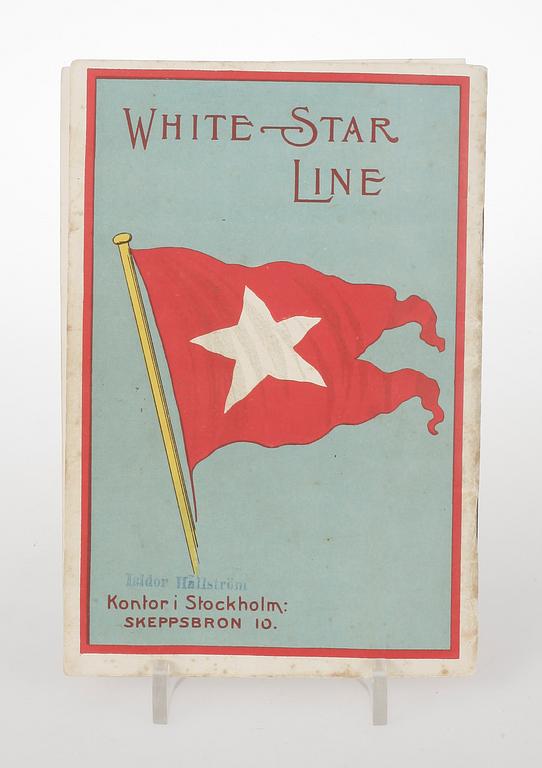 BROSCHYR. "HVITA STJERN LINIEN", "WHITE STAR LINE", Generalagent Carl Eriksson, Göteborgs Litografiska Aktiebolag, 1907.