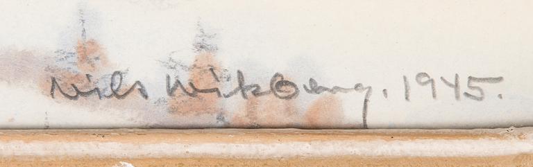 NILS WIKBERG, vesiväri, signeerattu ja päivätty 1945. Omistuskirjoituksella.