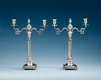 1008. A pair of Swedish 18th century silver candleabra, makers mark of Mattias Engman, Stockholm 1796.