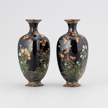 A pair of Japanese enamel on copper vases, Meiji (1868-1912).