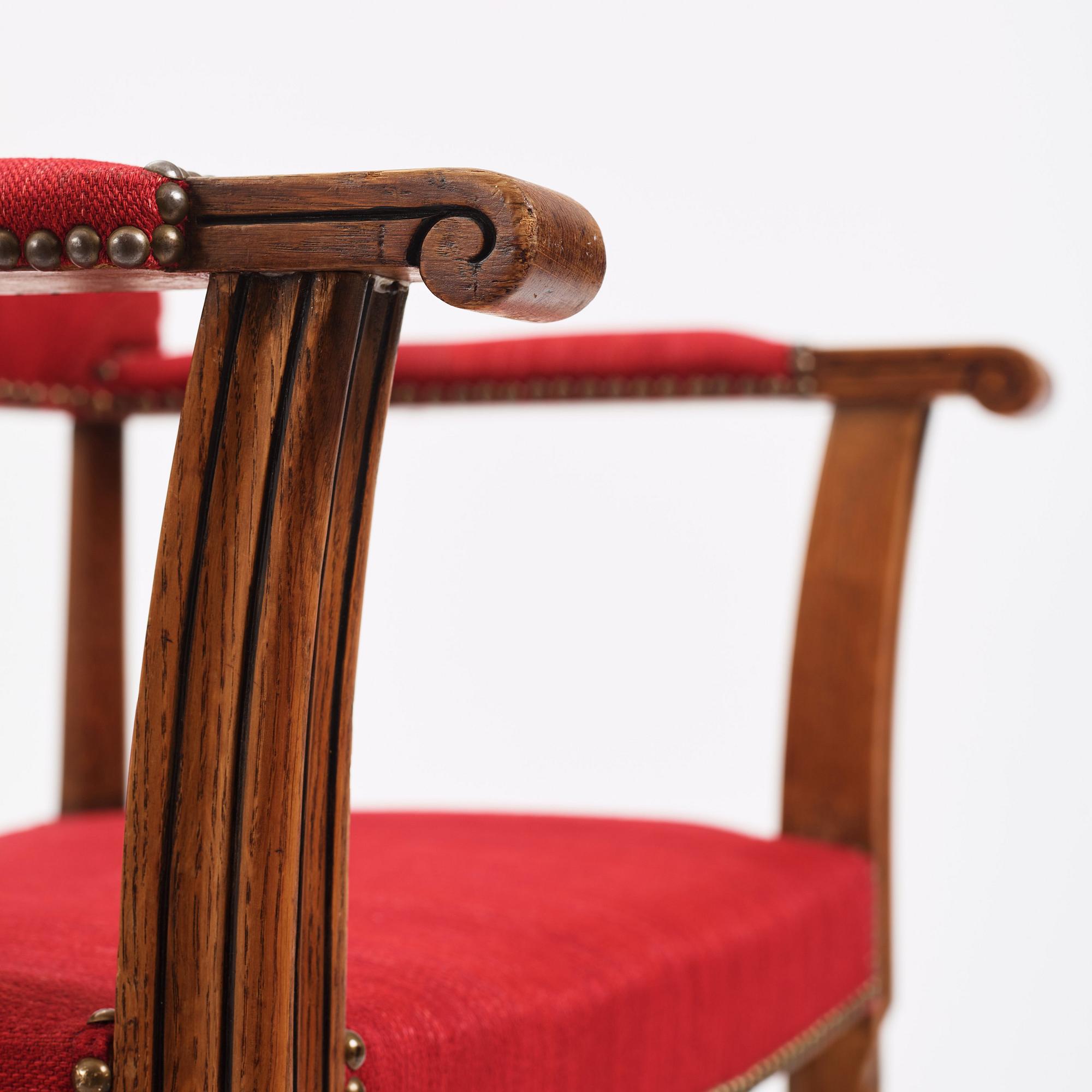 Carl Bergsten, a pair of oak easy chairs, Nordiska Kompaniet, 1923, ordered for the 1923 Jubilee Exhibition in Gothenburg.