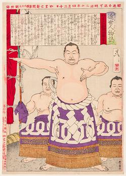 TSUKIOKA YOSHITOSHI (1839-1892), träsnitt. Japan, 1887. "Umegatani I, den 15:e Yokozuna".