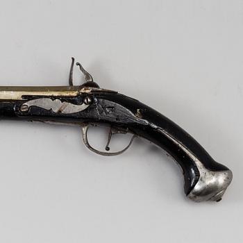 One flint lock postol, late 18th ct, and one percussion pistol, 19th ct.