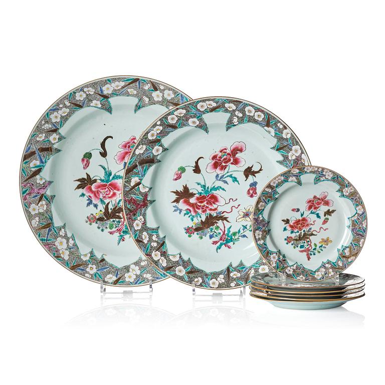 Two famille rose serving dishes and six dinner plates, Qing dynasty, Qianlong (1736-95).