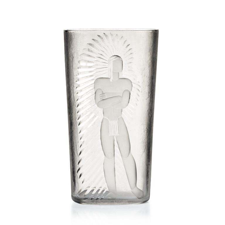 Vicke Lindstrand, a cut, engraved and "iced" acid etched glass vase, Orrefors 1937, model LA 1845.