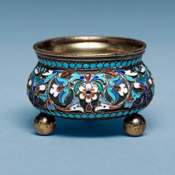 772. A Russian late 19th century silver-gilt and enamel salt, unidentified makers mark, Moscow.