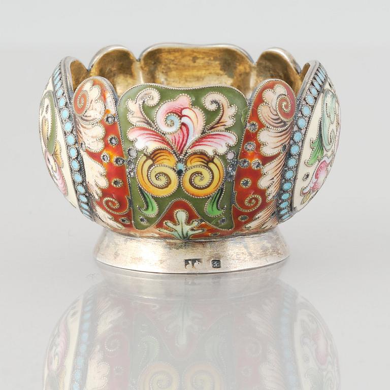 A Russian early 20th Century silver-gilt and enamel salt cellar. Assayer's mark Ivan Lebedkin.