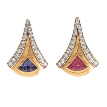 479B. A pair of W.A Bolin earrings, gold and, tourmaline, tanzanite and brilliant cut diamonds.