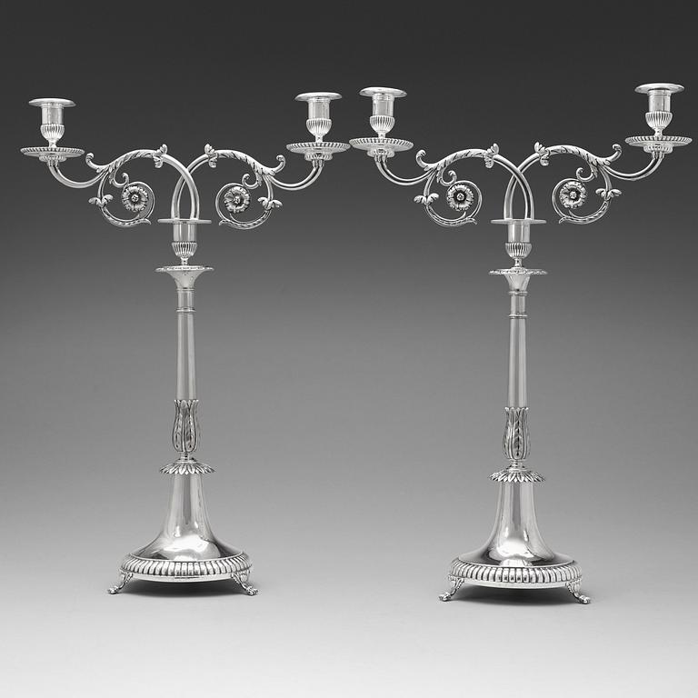 A pair of Swedish 19th century silver candelabra, Johan Petter Grönvall, Stockholm 1830.