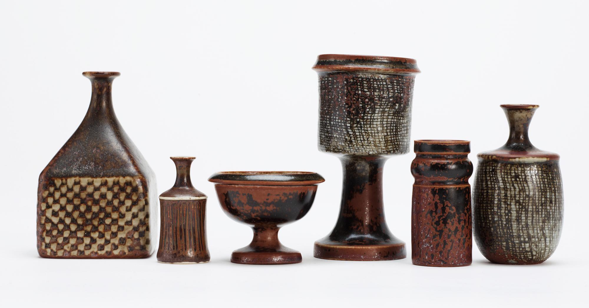 A set of six Stig Lindberg stoneware miniatures, Gustavsberg studio 1960's-70's.