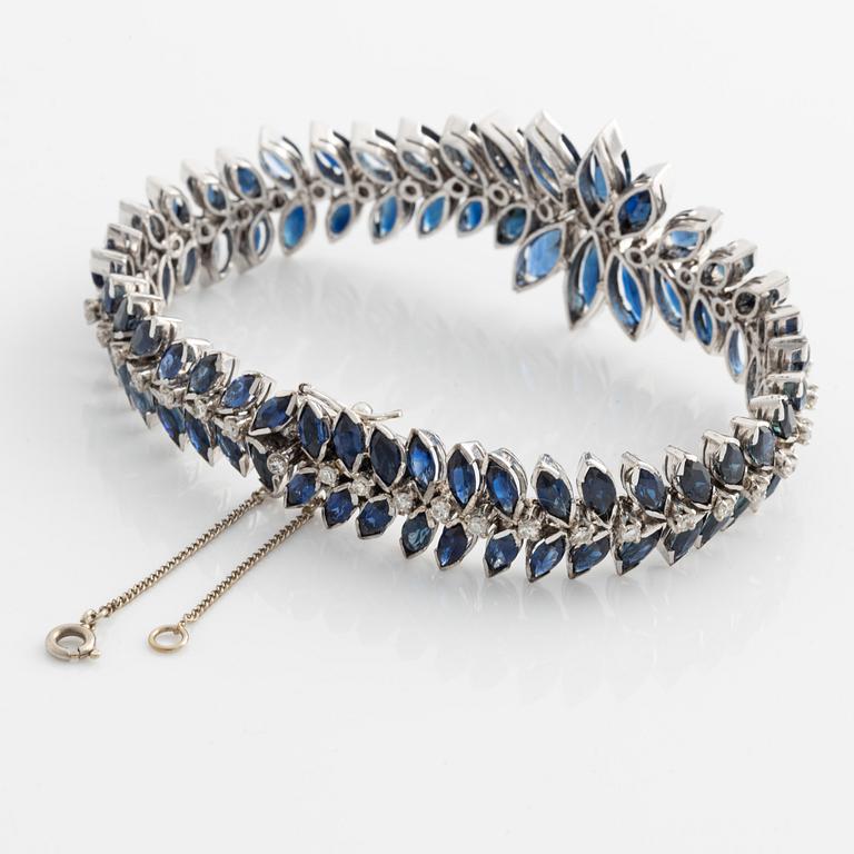 Bracelet 18K white gold with navette-cut sapphires and eight-cut diamonds.