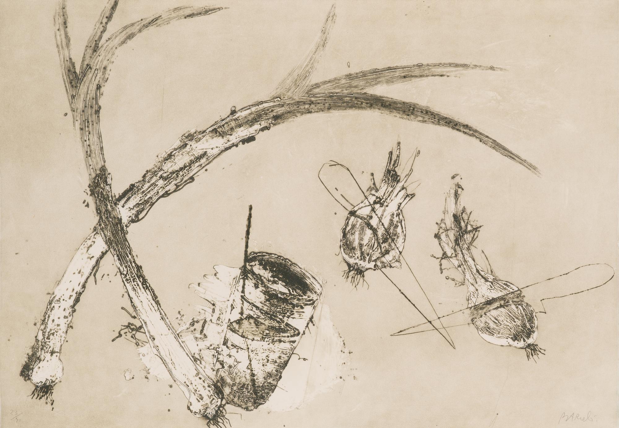 Miquel Barceló, "Tres Bodegones: Puerros, cebollas, cuchillos y vaso".