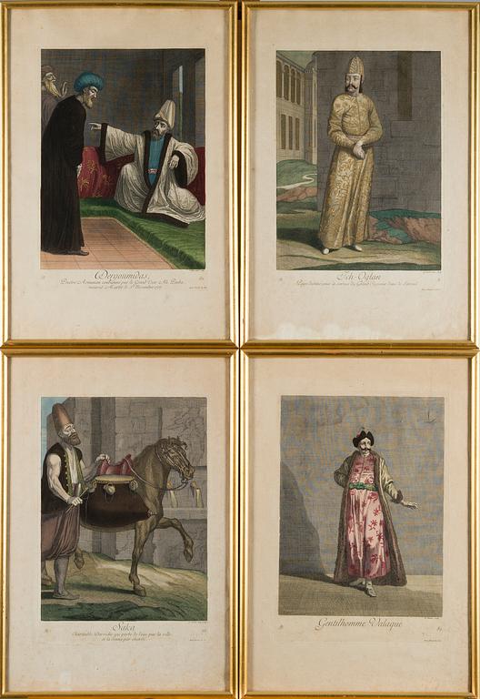 EIGHTEEN ENGRAVINGS, from Le Recueil Ferriol, ca 1714, hand coloured.