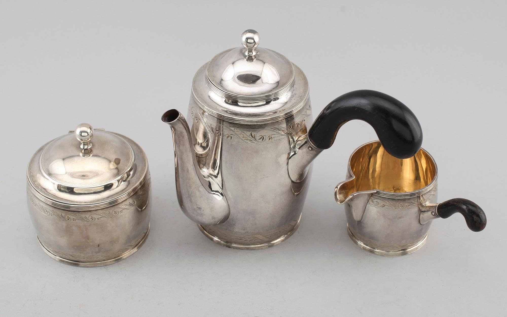 KAFFESERVIS, 3 delar, silver, JM Lind, Danmark 1925. Vikt ca  965 g.
