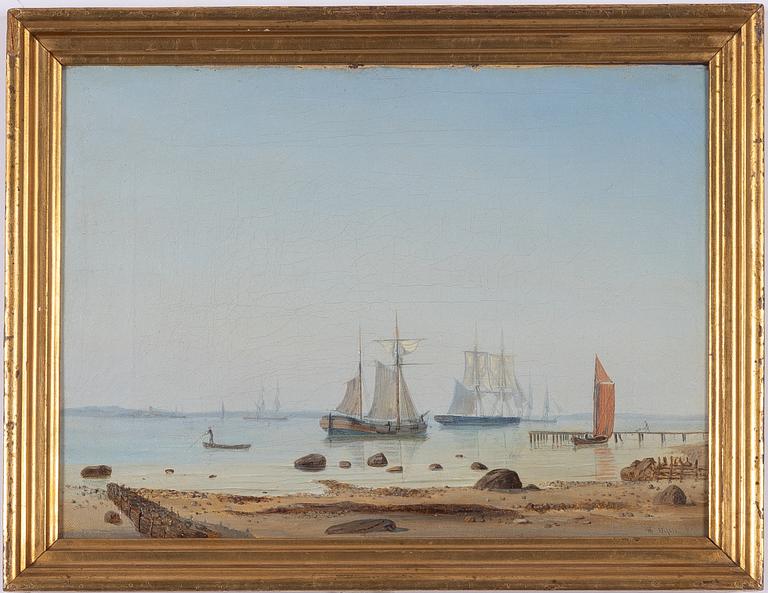 Carl Julius Emil Olsen, Coastal Scene with a Jetty and Boats in Calm Water.