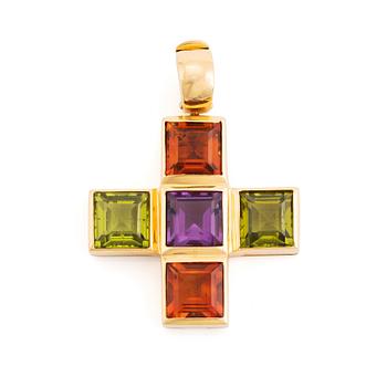 500. An 18K gold cross pendant set with peridot, citrine and amethyst.