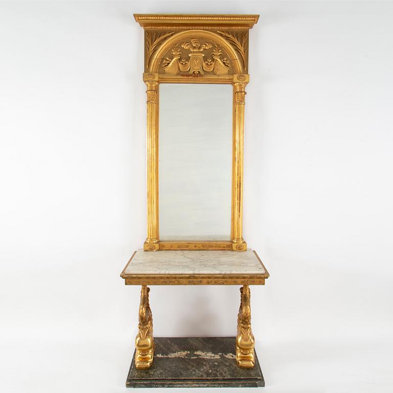 A Swedish mirror and console table, Empire, first half of the 19th century.